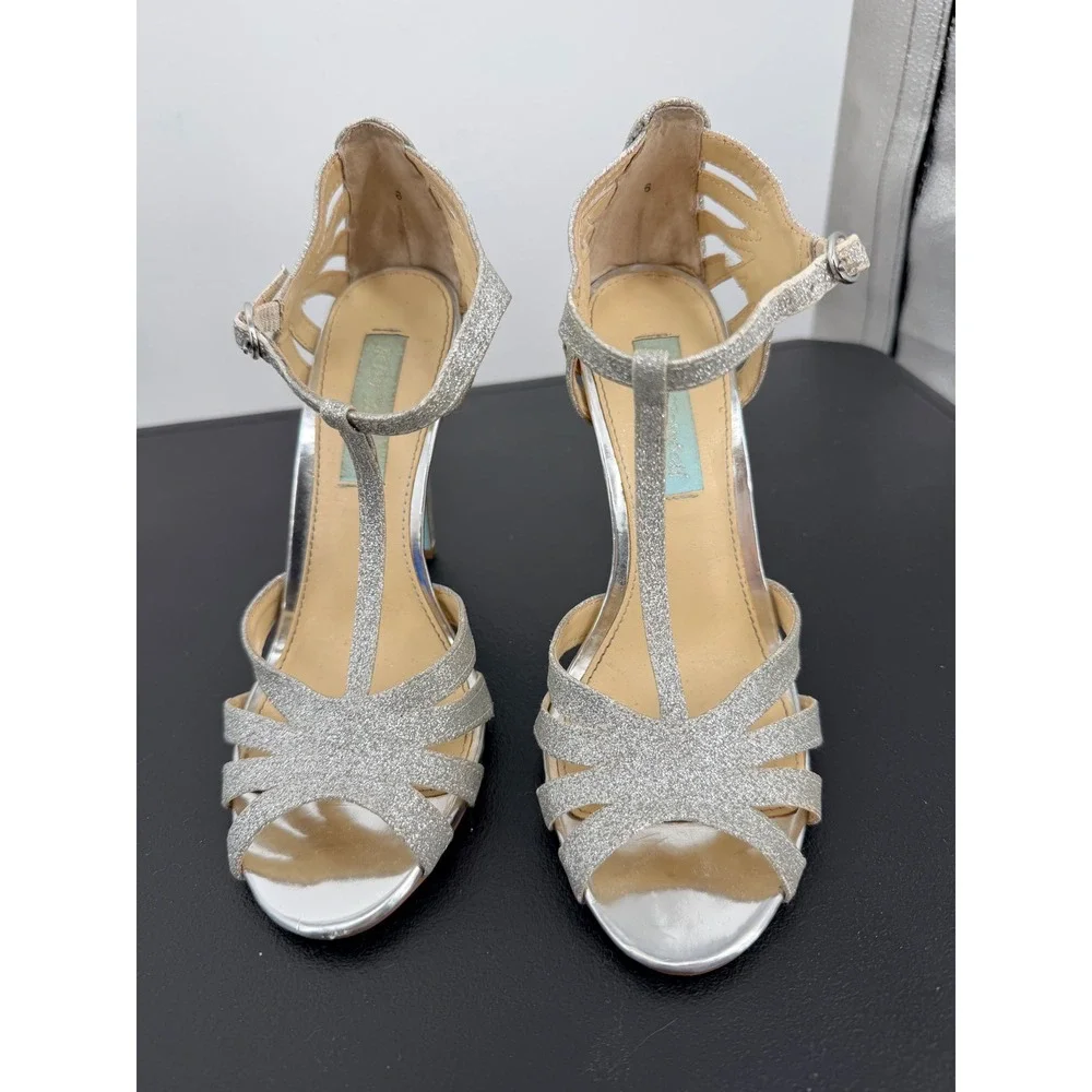 Betsey Johnson Blue Heels 6 Silver Good Glitter T-Strap Stiletto Glam Sparkle